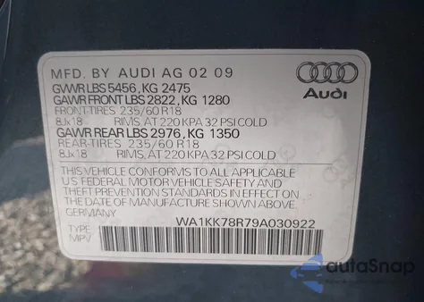 2009 Audi Q5 3.2 Premium from USA, damaged, VIN WA1KK78R79A030922